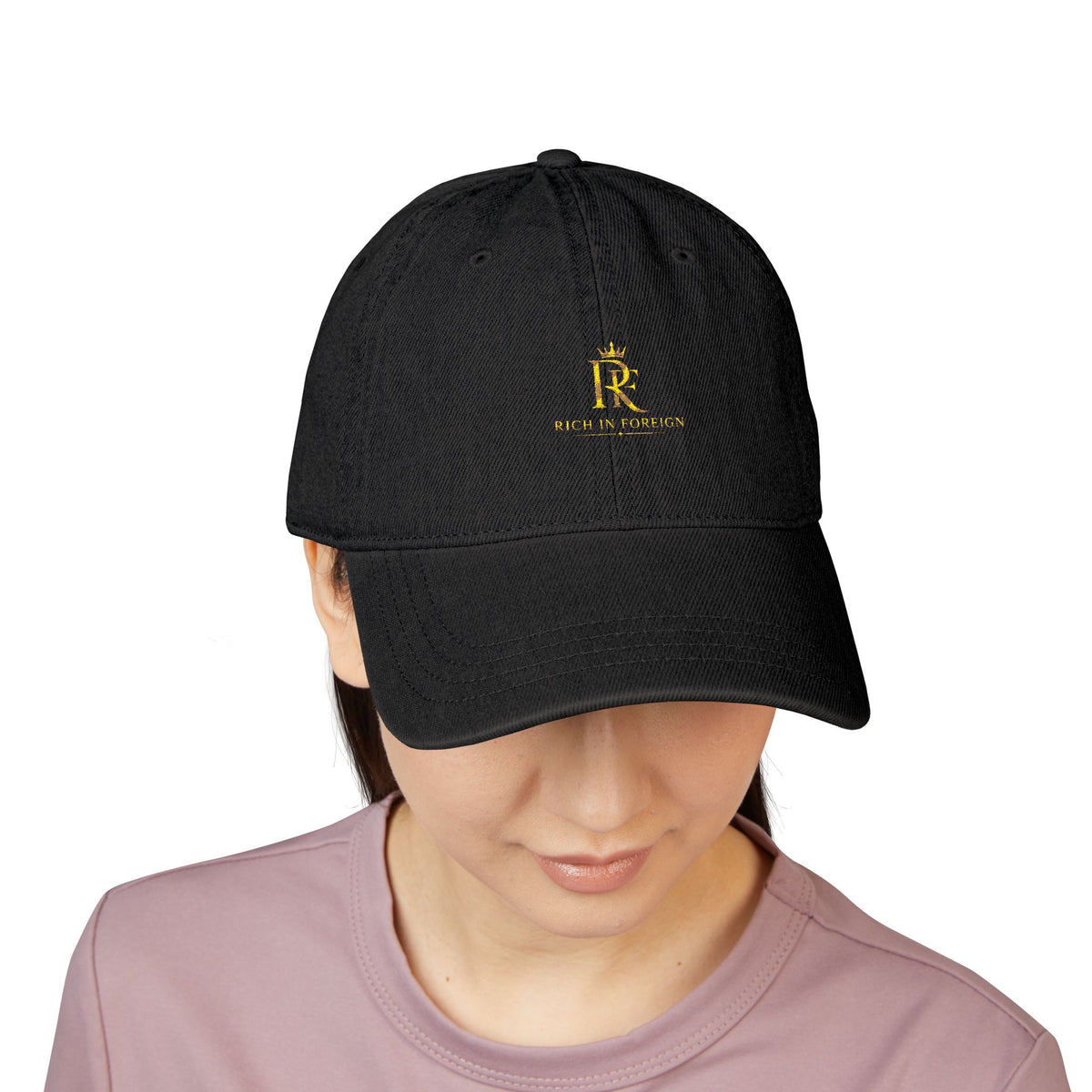 Embroidered Denim Hat — Gold Crest "R" Logo Cap