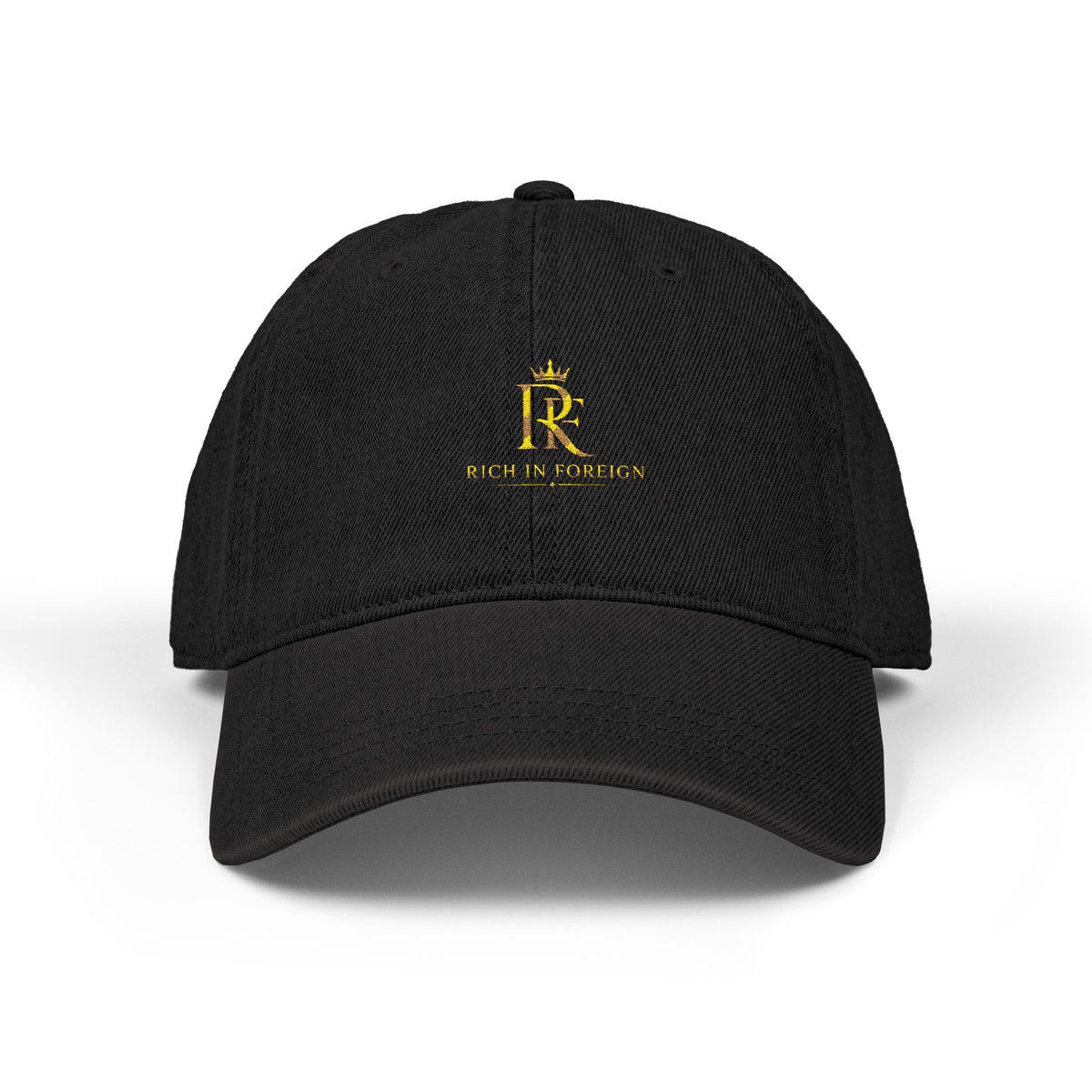 Embroidered Denim Hat — Gold Crest "R" Logo Cap