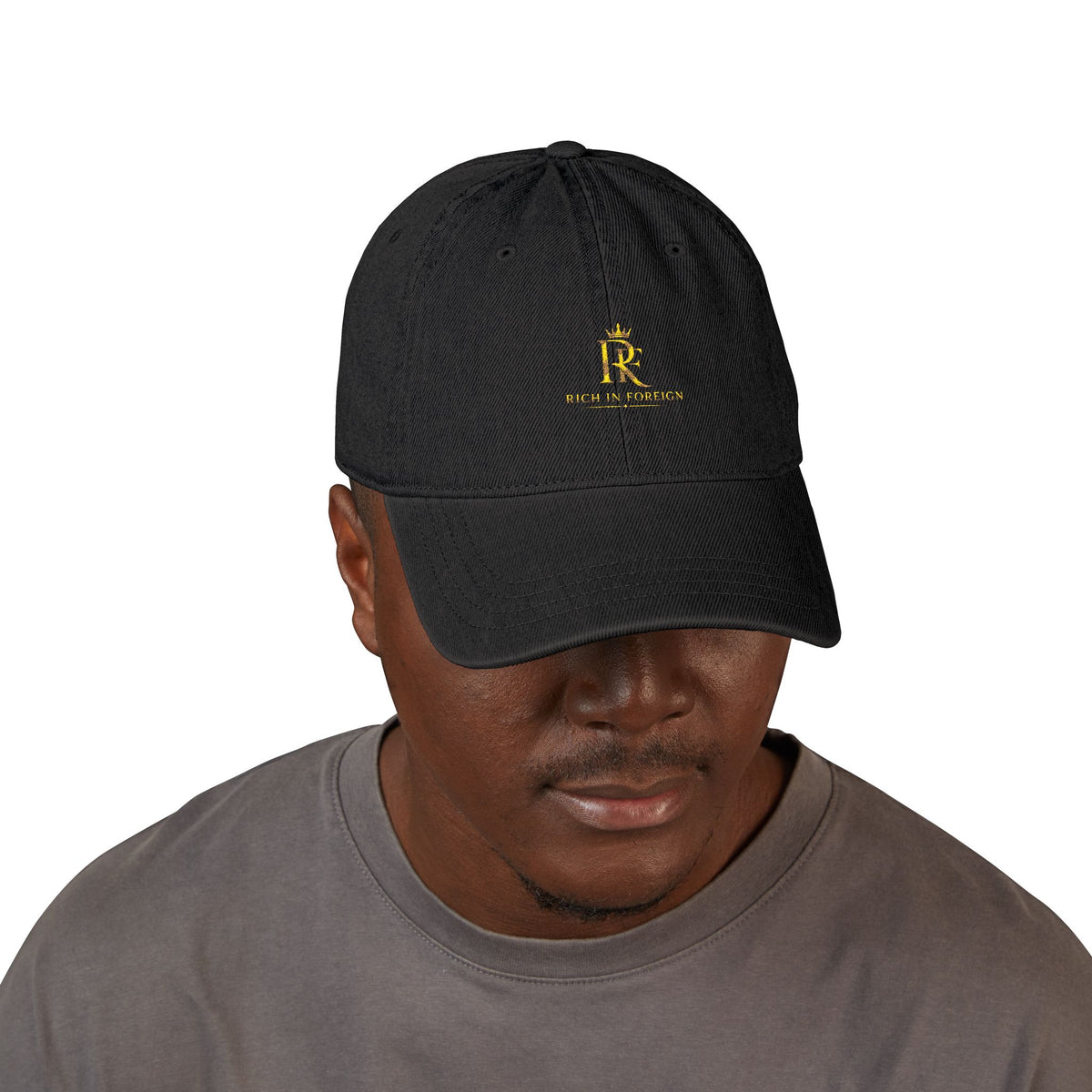 Embroidered Denim Hat — Gold Crest "R" Logo Cap
