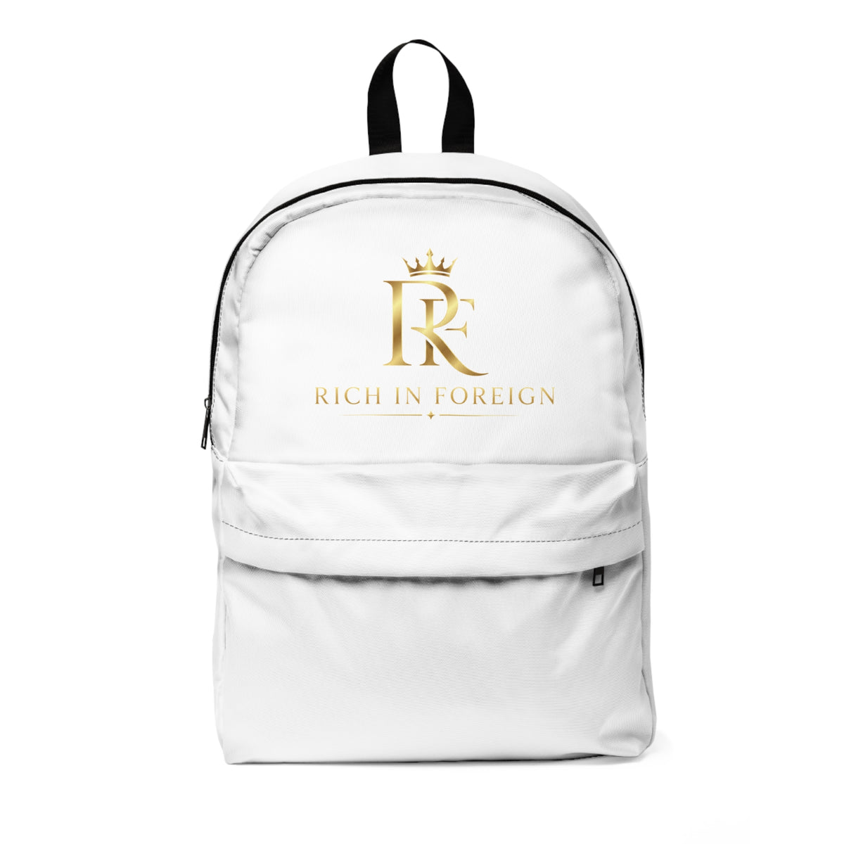 Rich In Foreign Gold Logo Backpack — White Classic Backpack