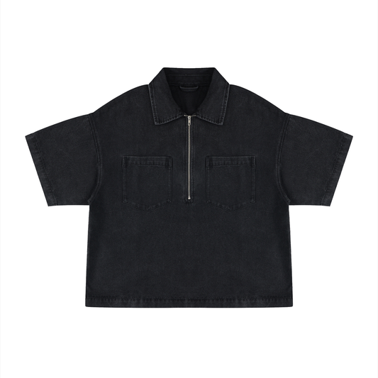 Unisex Vintage Wash Boxy Quarter-Zip Denim Shirt